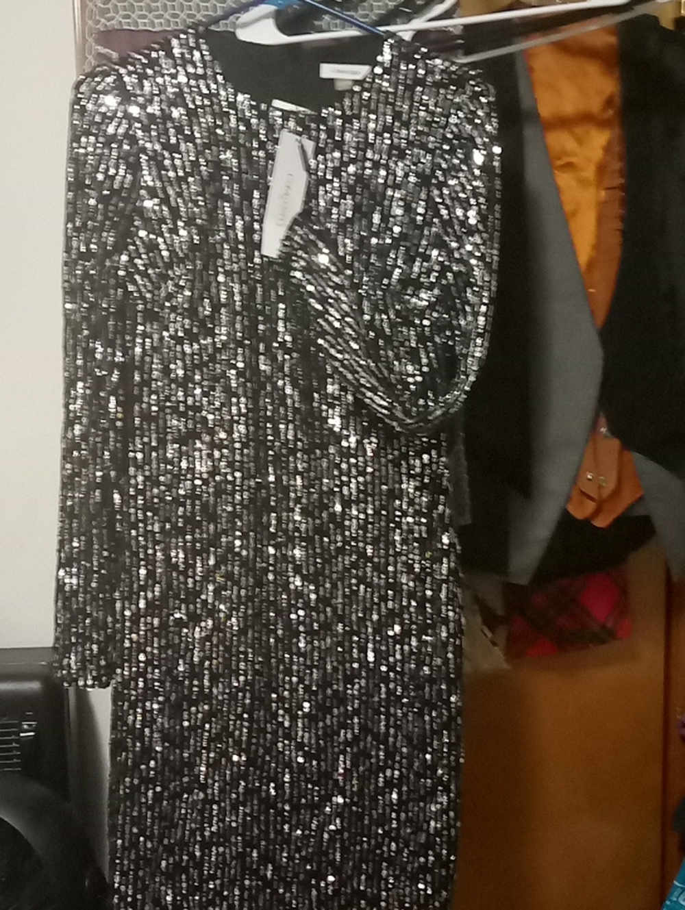 Calvin Klein Black Silver Sequin Long Sleeve Dress